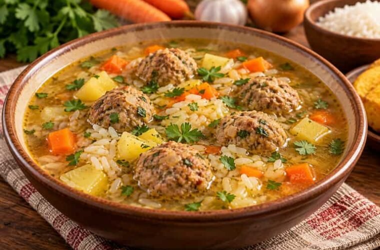 Albóndigas suaves para una sopa de arroz casera y reconfortante